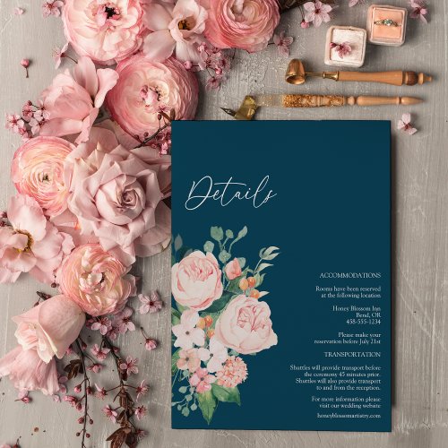 Blush Floral Navy Wedding Details Enclosure Card