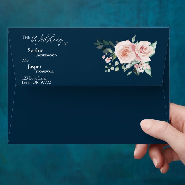 Blush Floral Navy Wedding Envelope (Hand)