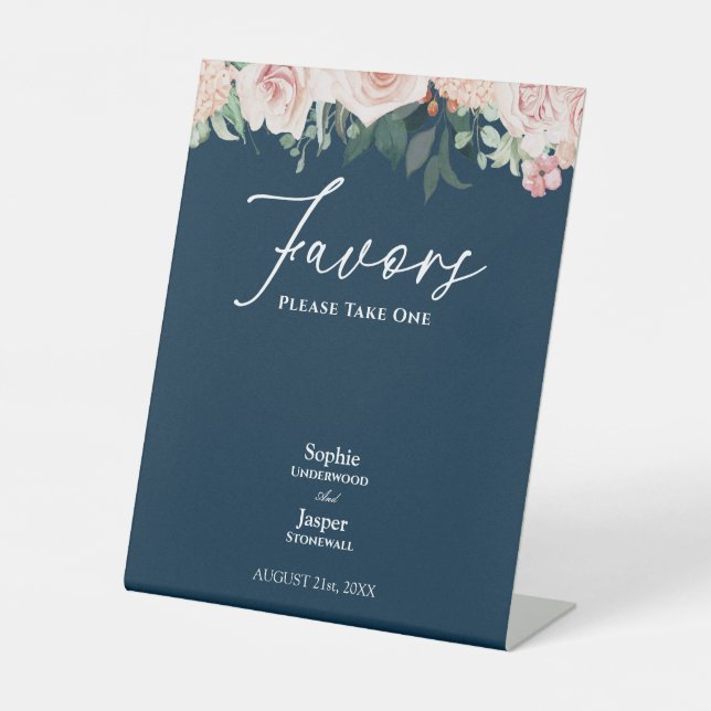 Blush Floral Navy Wedding Favors Pedestal Sign (Front)