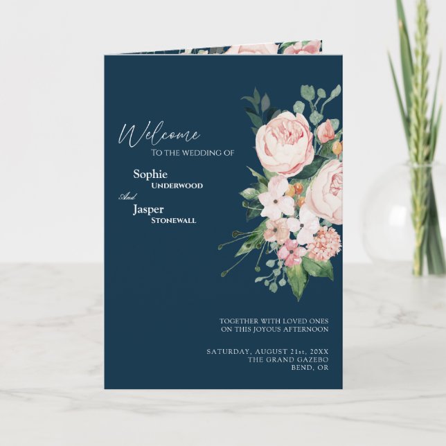 Blush Floral Navy Wedding Folded Program (Front)