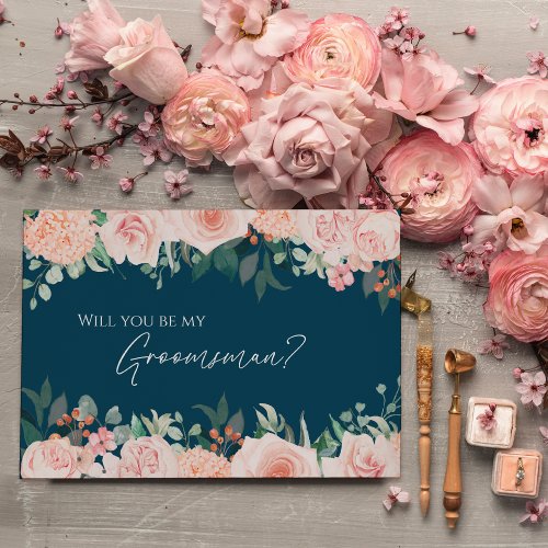 Blush Floral Navy Wedding Groomsman Proposal Card