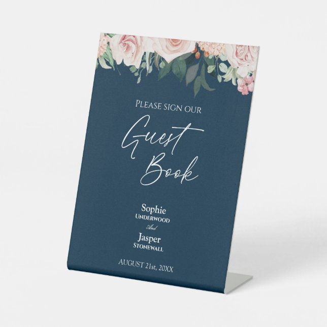 Blush Floral Navy Wedding Guest Book Sign (Front)