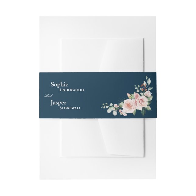 Blush Floral Navy Wedding Invitation Belly Band (Front Example)
