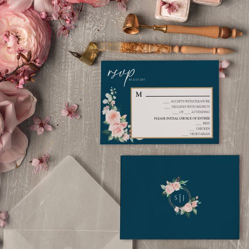 Blush Floral Navy Wedding Menu RSVP Card