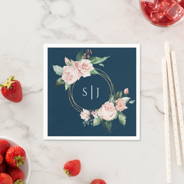 Blush Floral Navy Wedding Monogram Napkins (Insitu)