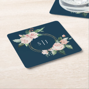 Blush Floral Navy Wedding Monogram Square Paper Coaster