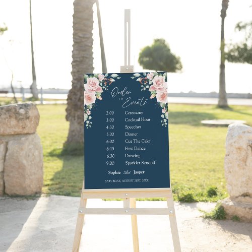 Blush Floral Navy Wedding Order Of Events Sign