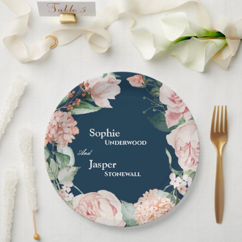 Blush Floral Navy Wedding Paper Plates
