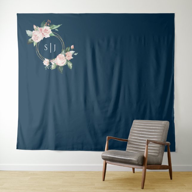 Blush Floral Navy Wedding Photo Backdrop (In Situ (Horizontal))