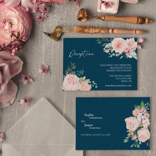 Blush Floral Navy Wedding Reception Enclosure Card