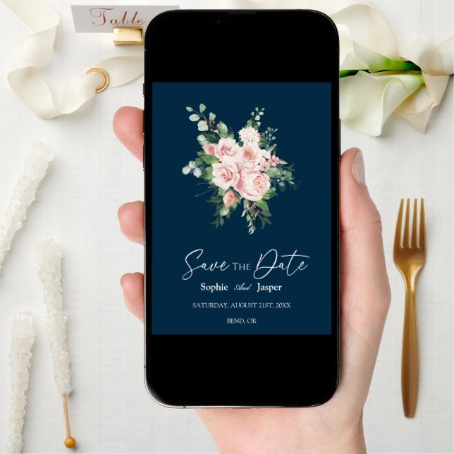 Blush Floral Navy Wedding Save The Date (Front Digital)