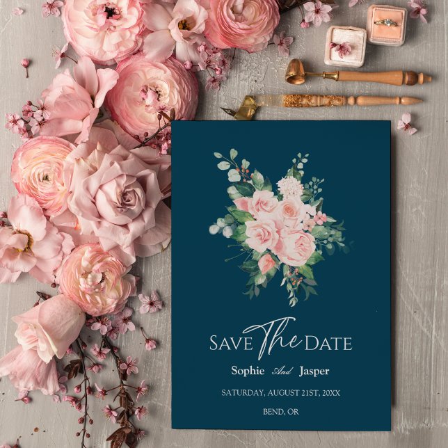 Blush Floral Navy Wedding Save The Date Card (Creator Uploaded)