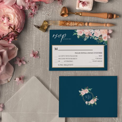 Blush Floral Navy Wedding Song Request RSVP Card