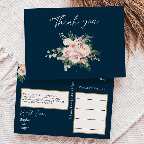 Blush Floral Navy Wedding Thank You Postcard