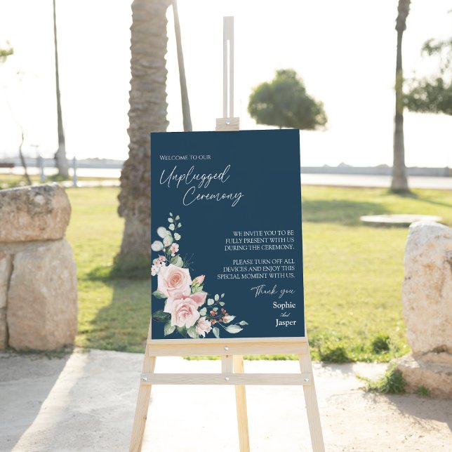 Blush Floral Navy Wedding Unplugged Ceremony Sign (Creator Uploaded)