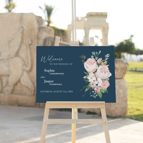 Blush Floral Navy Wedding Welcome Sign