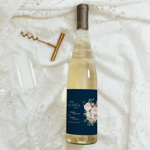 Blush Floral Navy Wedding Wine Label