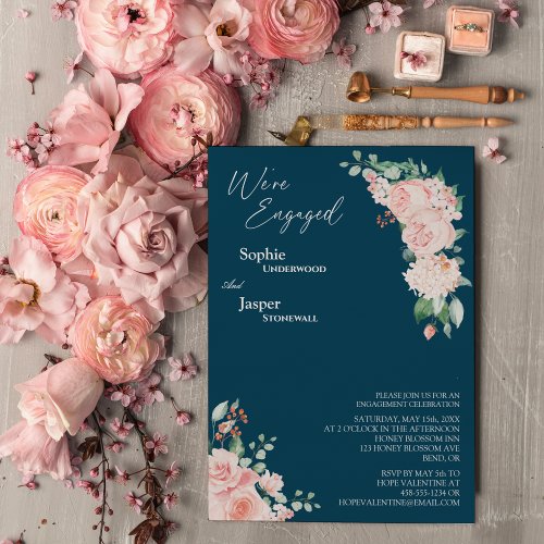 Blush Floral Navy Were Engaged Invitation