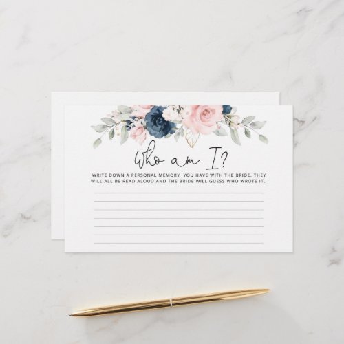 Blush floral navy Who am I bridal shower game Stationery