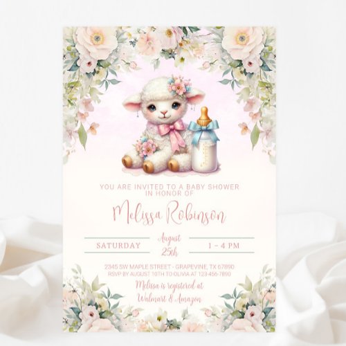 Blush Floral Newborn Lamb Baby Shower Invitation