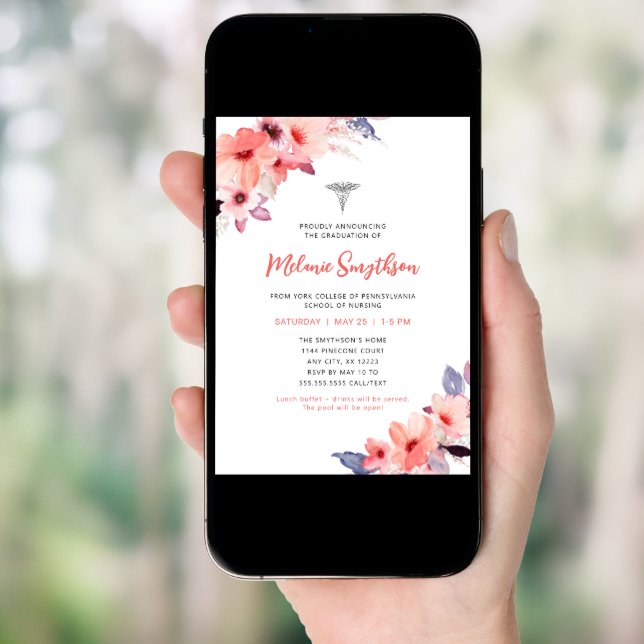 Blush floral nurse photo graduation party invitation (Front Digital)