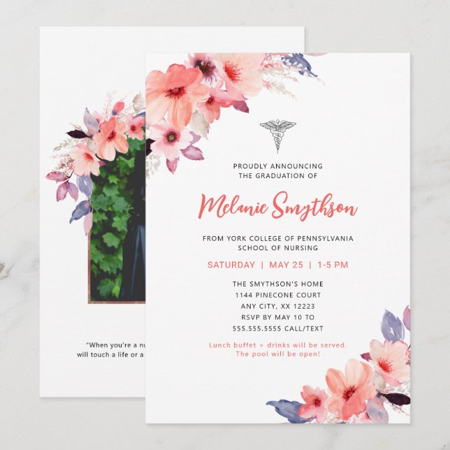 Blush floral nurse photo graduation party invitation (Front/Back)