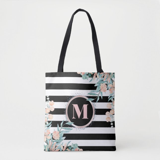 Blush Floral on Black and White Stripe Monogram Tote Bag (Front)