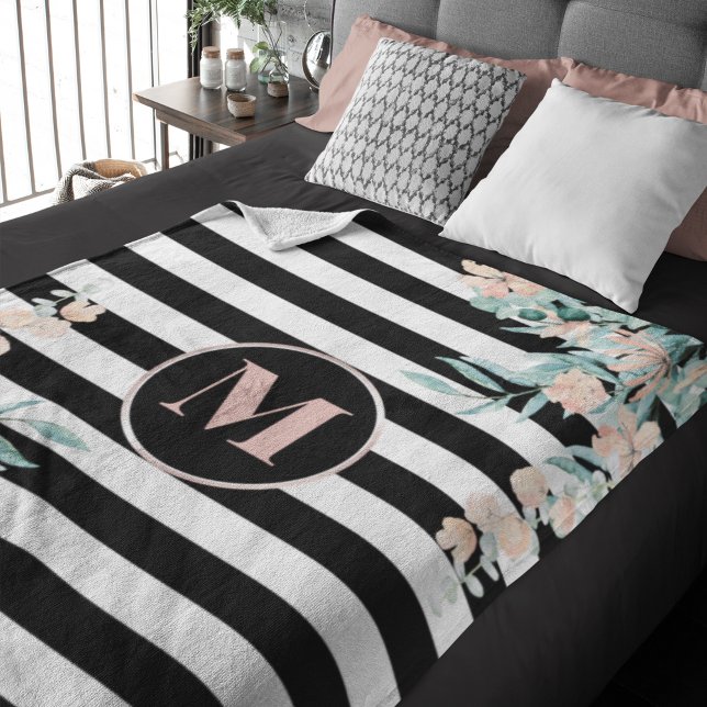 Blush Floral on Black and White Stripe Monogrammed Fleece Blanket (Creator Uploaded)
