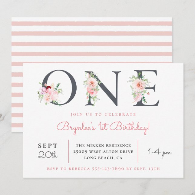 Blush Floral ONE | 1st Birthday Invitation (Front/Back)