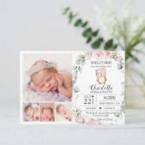 Blush Floral Owl New Baby Photo Birth Announcement