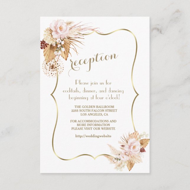 Blush Floral Pampas Grass Gold Wedding Details Enclosure Card (Front)