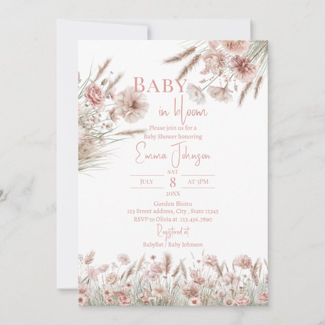 Blush Floral Pampas Grass Invitation (Front)