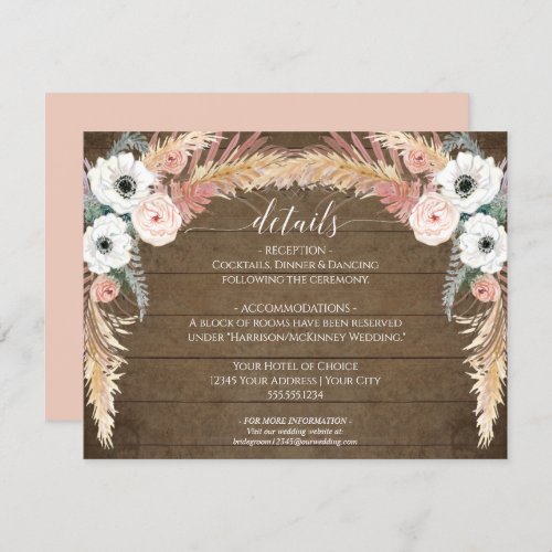Blush Floral Pampas Grass Rustic Wedding Details Invitation