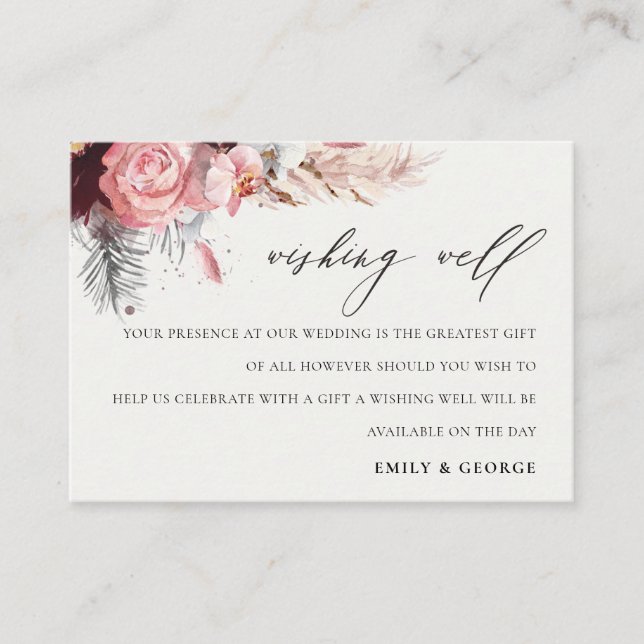 Blush Floral Pampas Grass Wedding Wishing Well  Enclosure Card (Front)