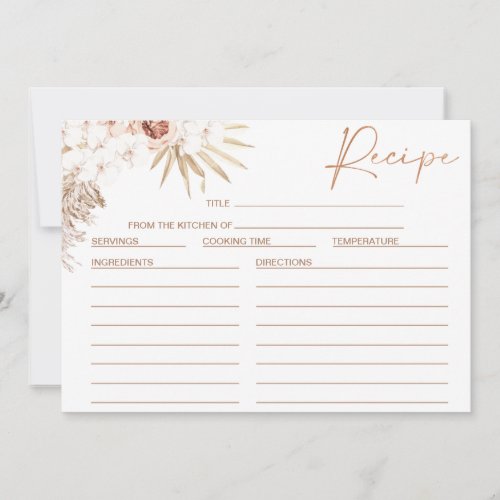 Blush Floral Pampas Palm Bridal Shower Recipe Card