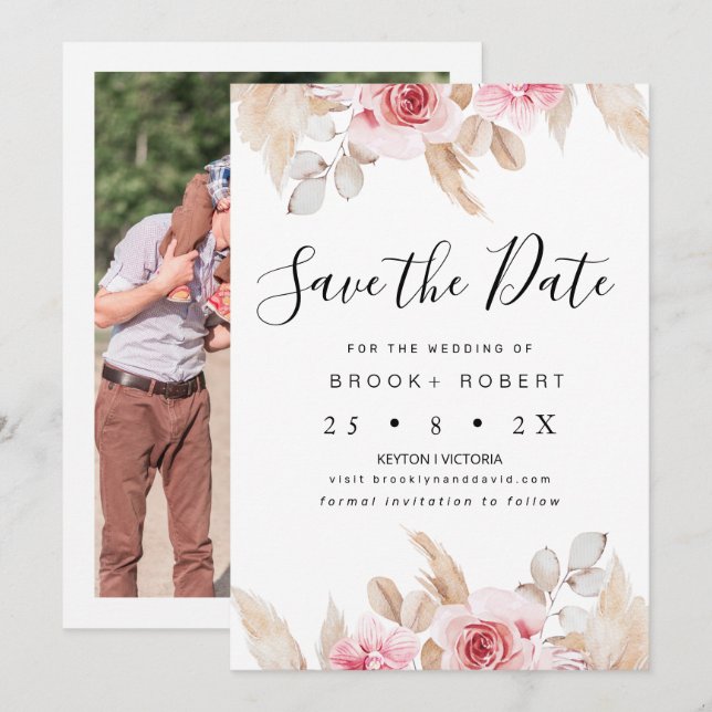Blush Floral Pampas Wedding Save The Date Card (Front/Back)