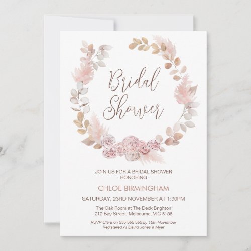 Blush Floral Pampas Wreath Bridal Shower Invitation