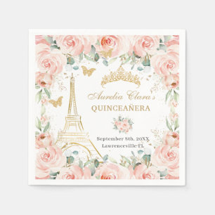 Blush Floral Paris Eiffel Champagne Quinceañera 16 Napkins