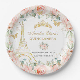 Blush Floral Paris Eiffel Champagne Quinceañera Paper Plates