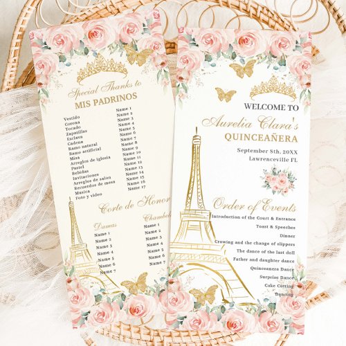 Blush Floral Paris Eiffel Champagne Quinceañera Program