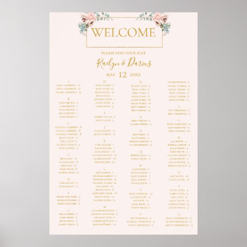 Blush Floral  Pastel Alphabetical Seating Chart