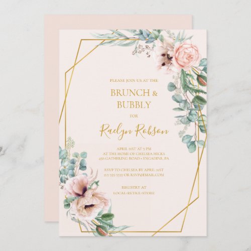 Blush Floral  Pastel Brunch and Bubbly Shower Invitation