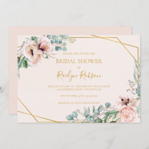 Blush Floral  Pastel Horizontal Bridal Shower Invitation