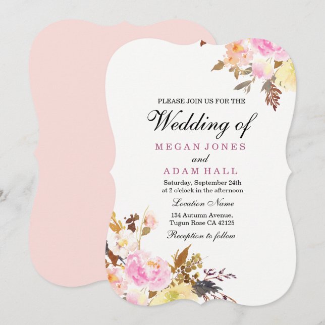 Blush Floral Peachy Autumn Fall Wedding Invitation (Front/Back)