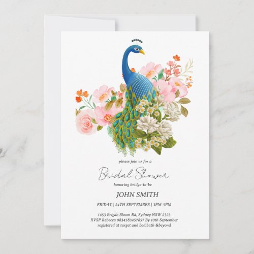 Blush Floral Peacock Chinoiserie Bridal Invitation