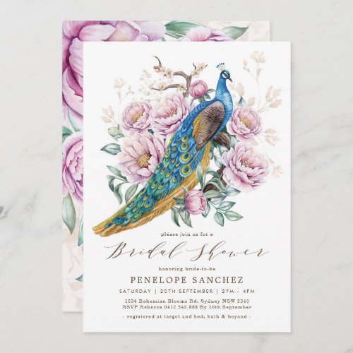 Blush Floral Peacock Chinoiserie Bridal Shower Invitation