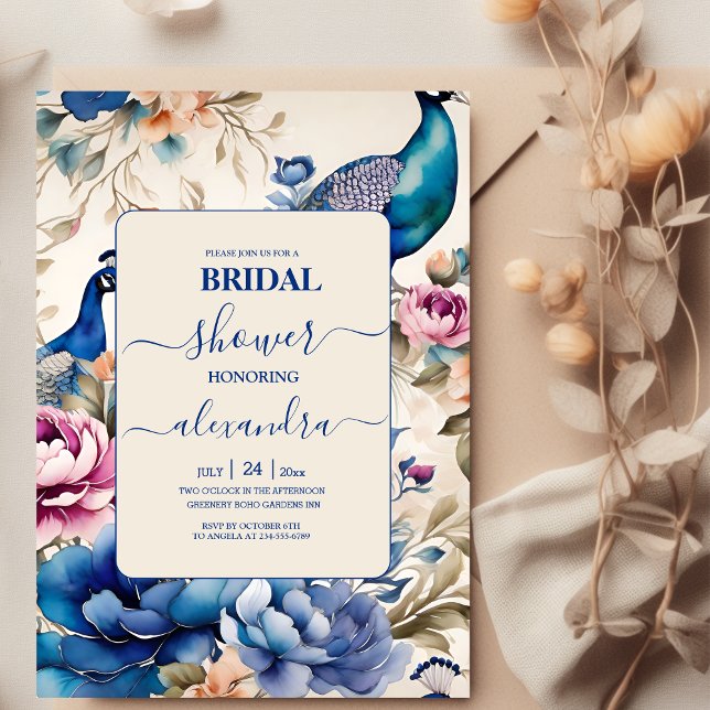 Blush Floral Peacock Chinoiserie Bridal Shower Invitation (Creator Uploaded)