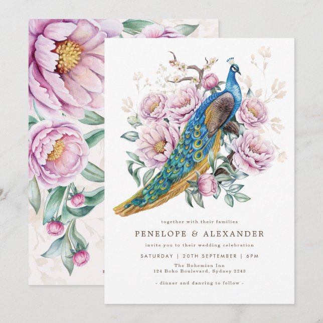Blush Floral Peacock Chinoiserie Wedding  Invitation (Front/Back)
