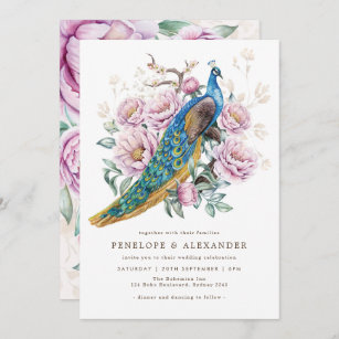 Blush Floral Peacock Chinoiserie Wedding  Invitation