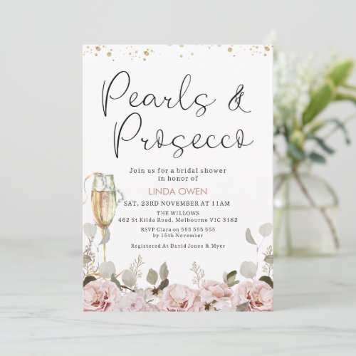 Blush Floral Pearls and Prosecco Bridal Shower Invitation